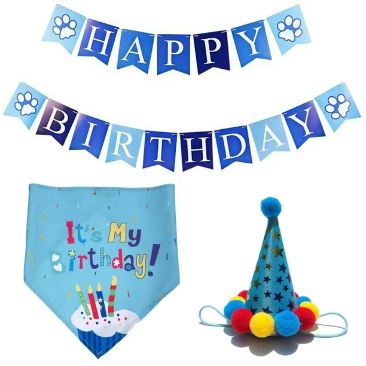 Kit Decoracion Cumpleanos Para Perro Bandana Gorro Globos-3