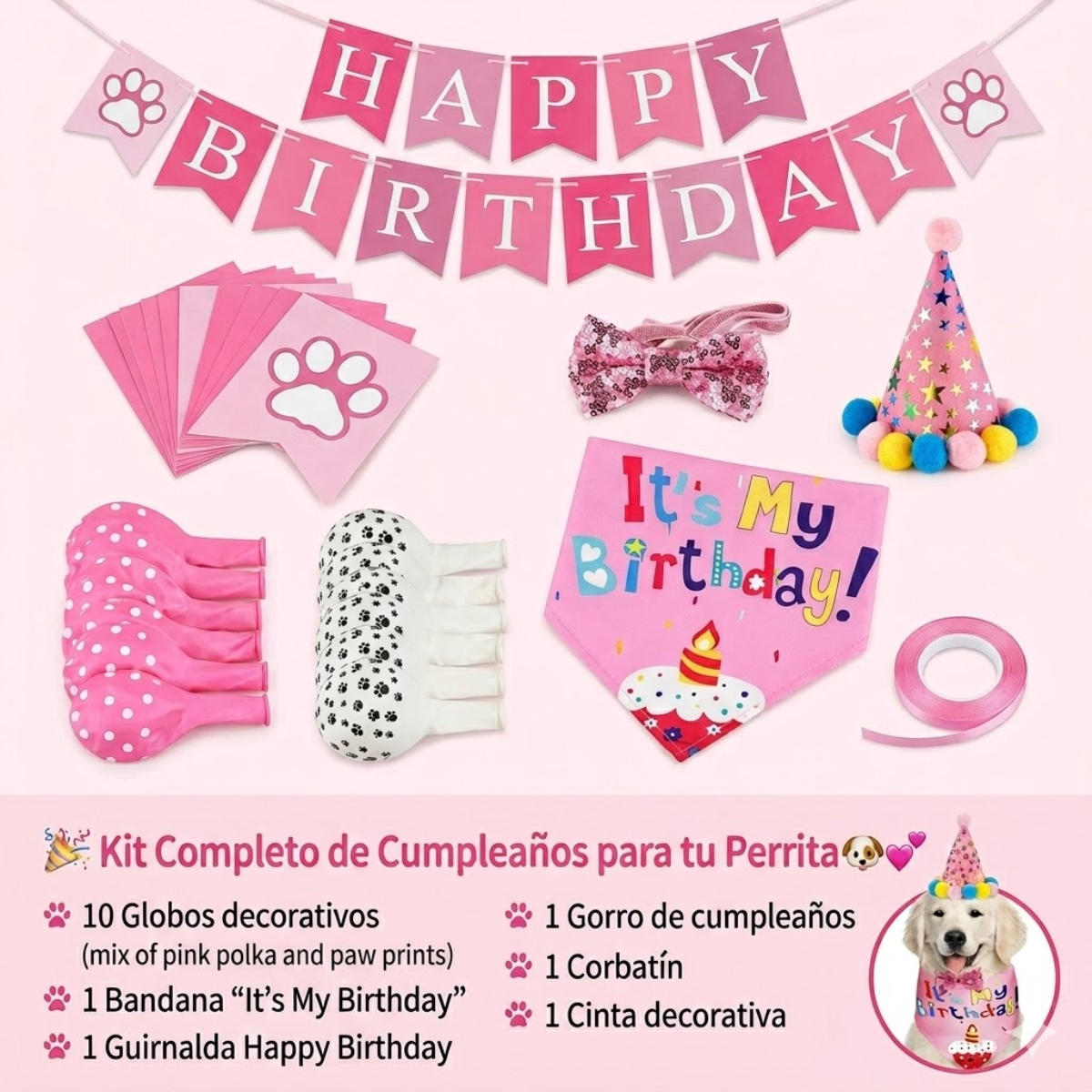 Kit Decoracion Rosa Cumpleanos Perro Bandana Gorro Globos-2