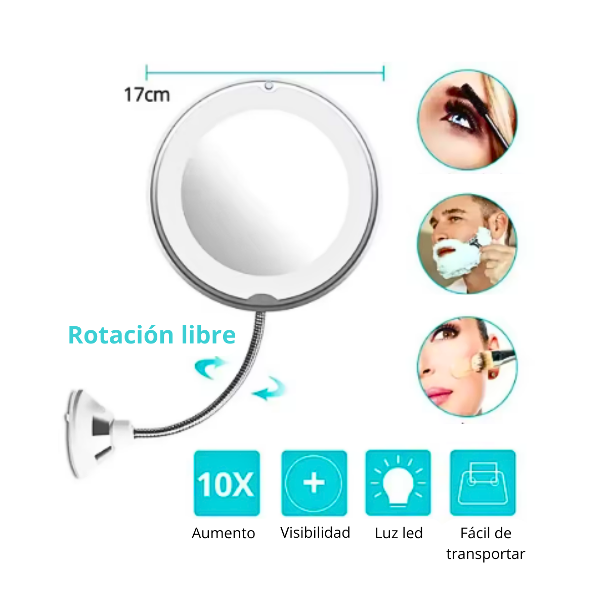 Espejo Maquillaje Con Aumento 10x Ajustable 360°  + Luz Led-4