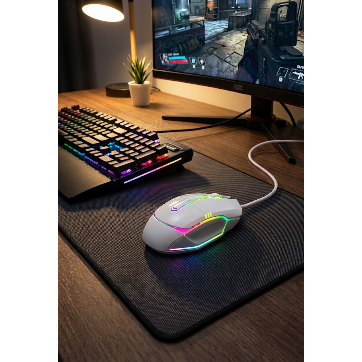 Mouse Raton Con Cable Gamer Blanco Luz Led Rgb-4