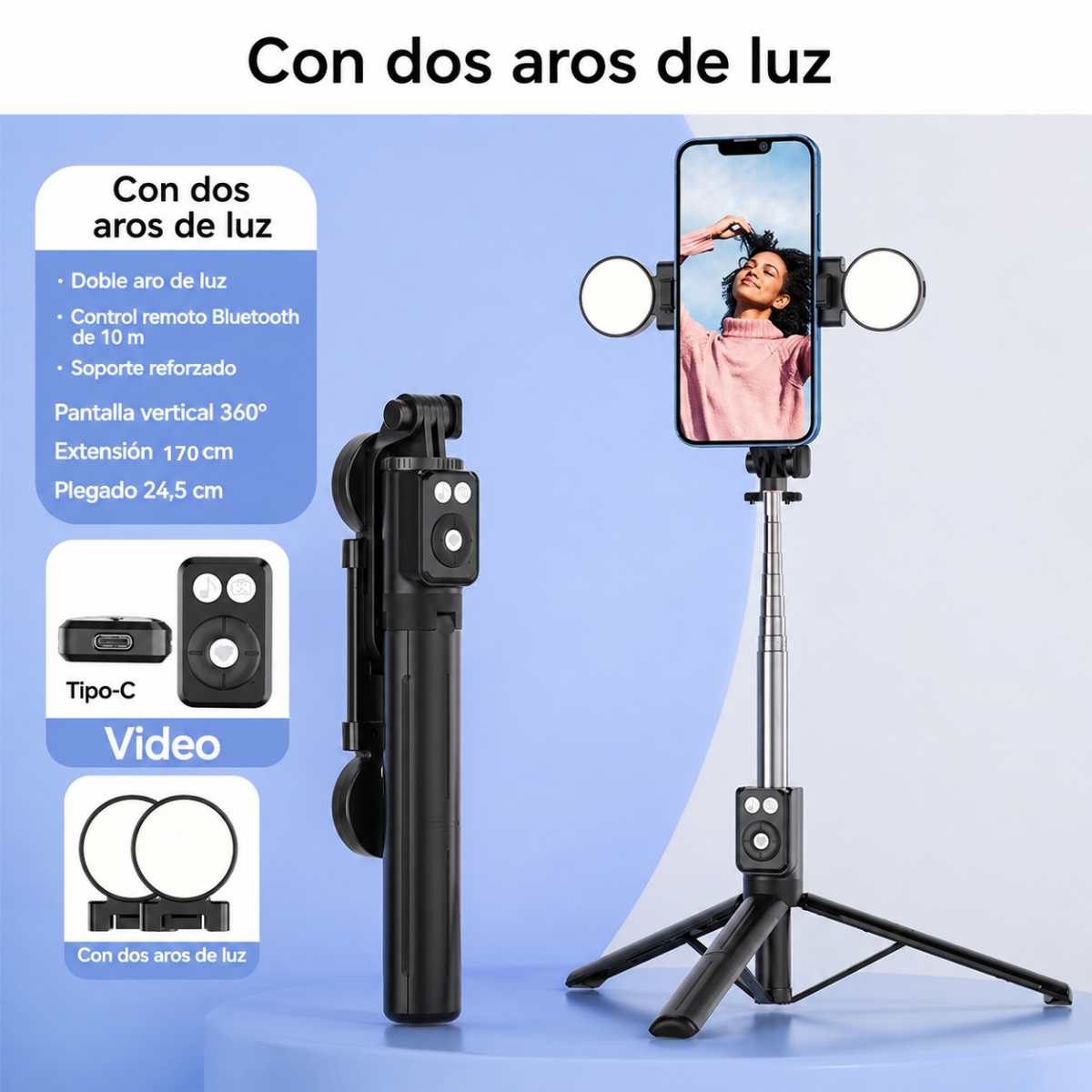 Tripode Selfie Con Aro De Luz Y Control Remoto Para Celular-4