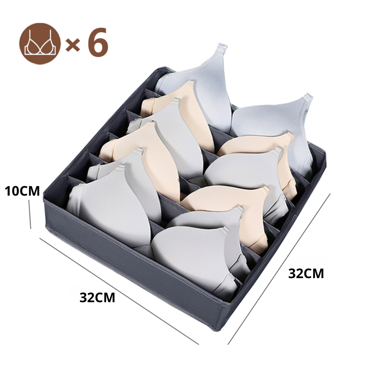 Organizador Gris Oscuro Closet Ropa Interior 6 Brasier 32x32x10cm-2