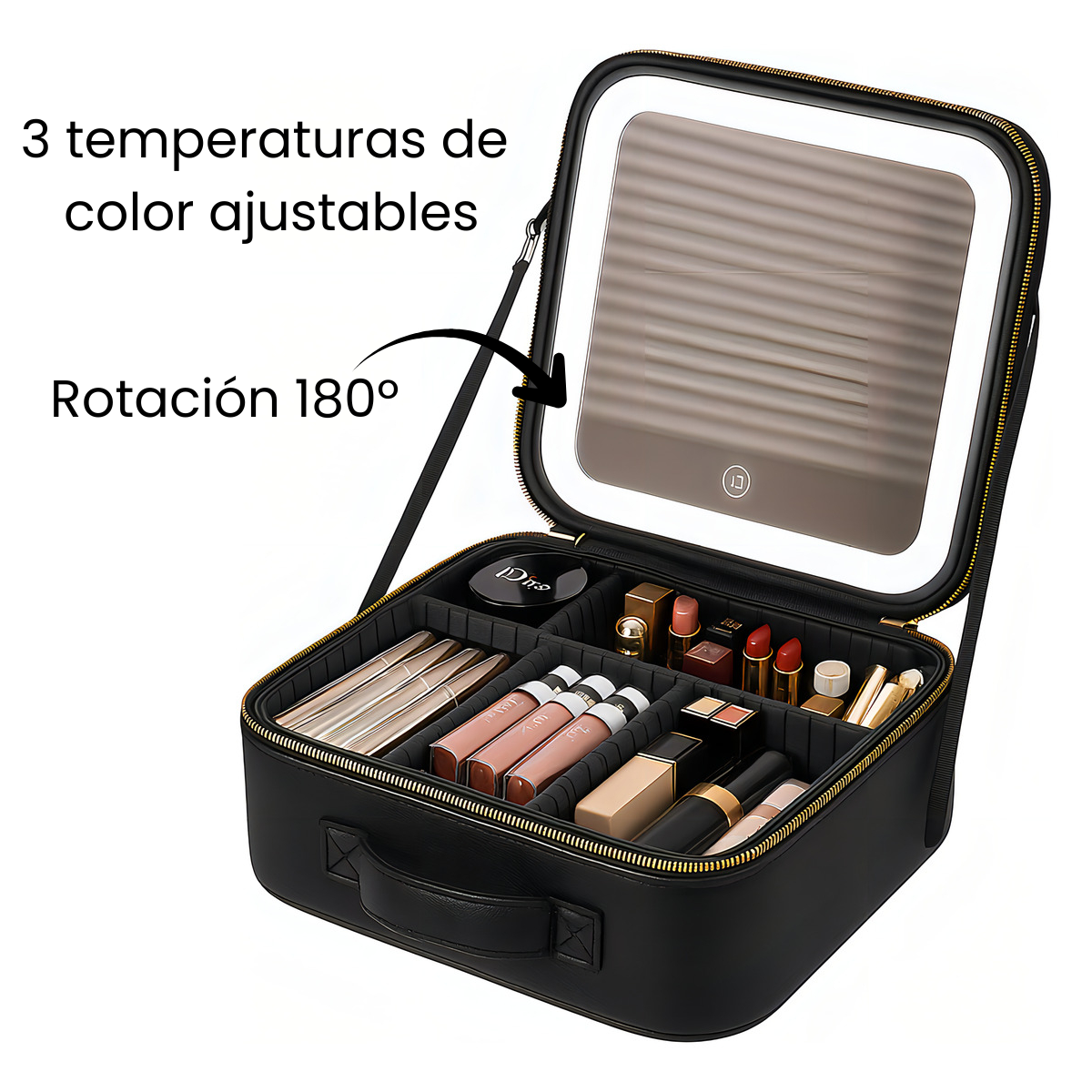 Cosmetiquero Negro Portatil Viajes Con Espejo Aumento Y Luz Led-1