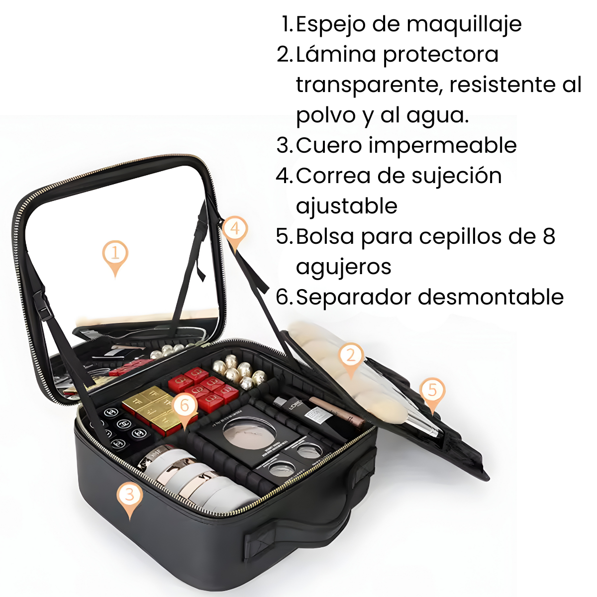 Cosmetiquero Negro Portatil Viajes Con Espejo Aumento Y Luz Led-3