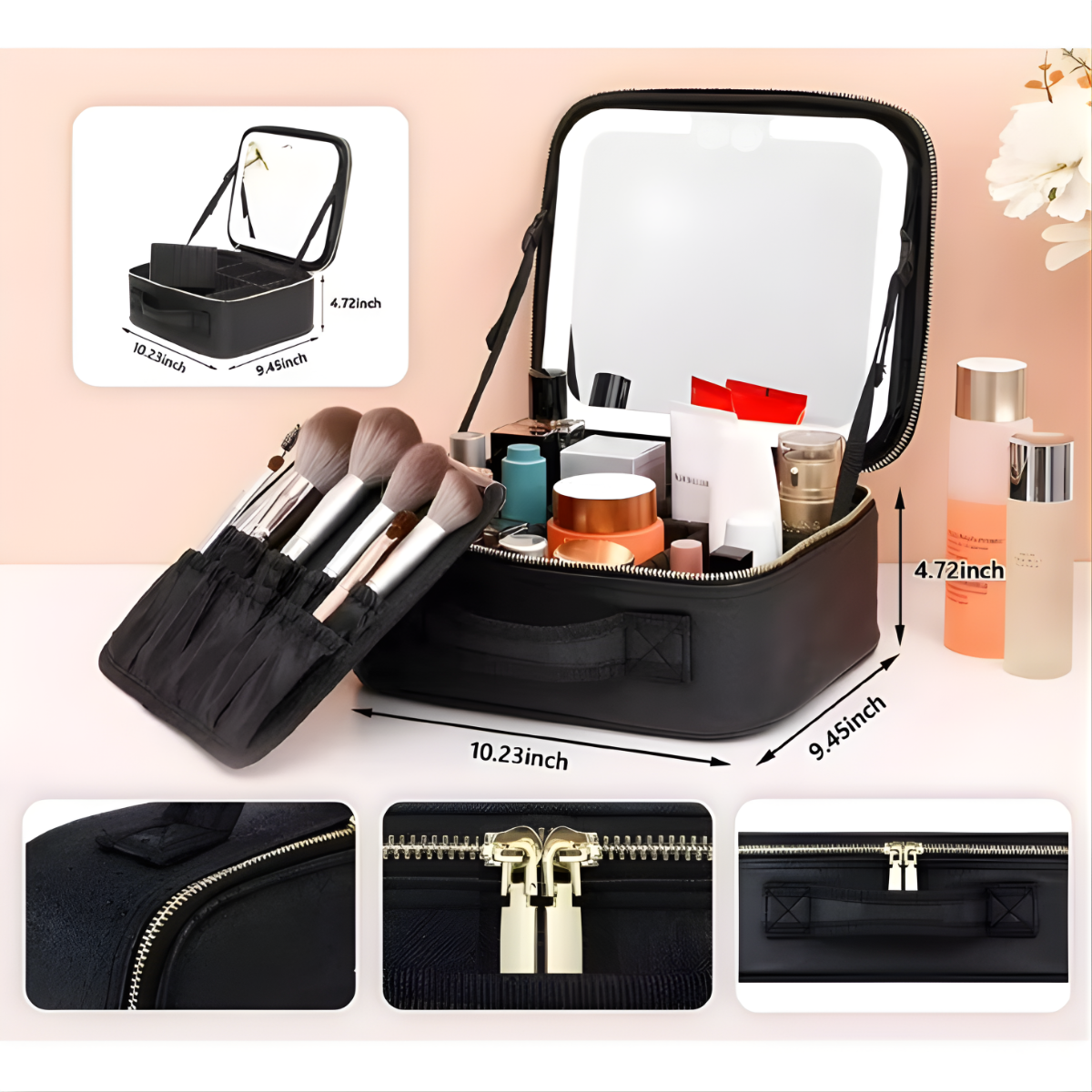 Cosmetiquero Negro Portatil Viajes Con Espejo Aumento Y Luz Led-5