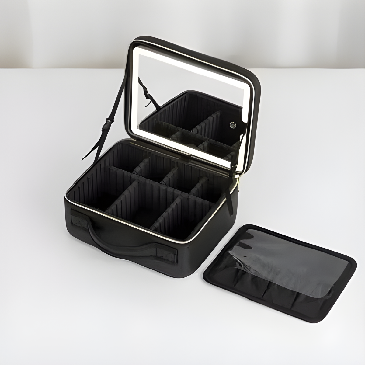 Cosmetiquero Negro Portatil Viajes Con Espejo Aumento Y Luz Led-6