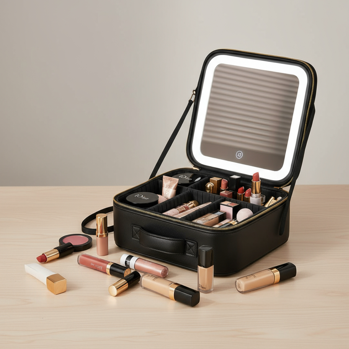 Cosmetiquero Negro Portatil Viajes Con Espejo Aumento Y Luz Led-7