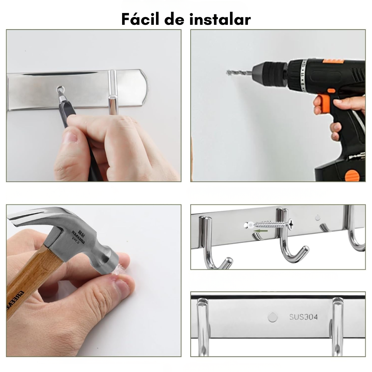 Perchero Pared Acero Inoxidable Plateado 6 Ganchos Multiuso-2