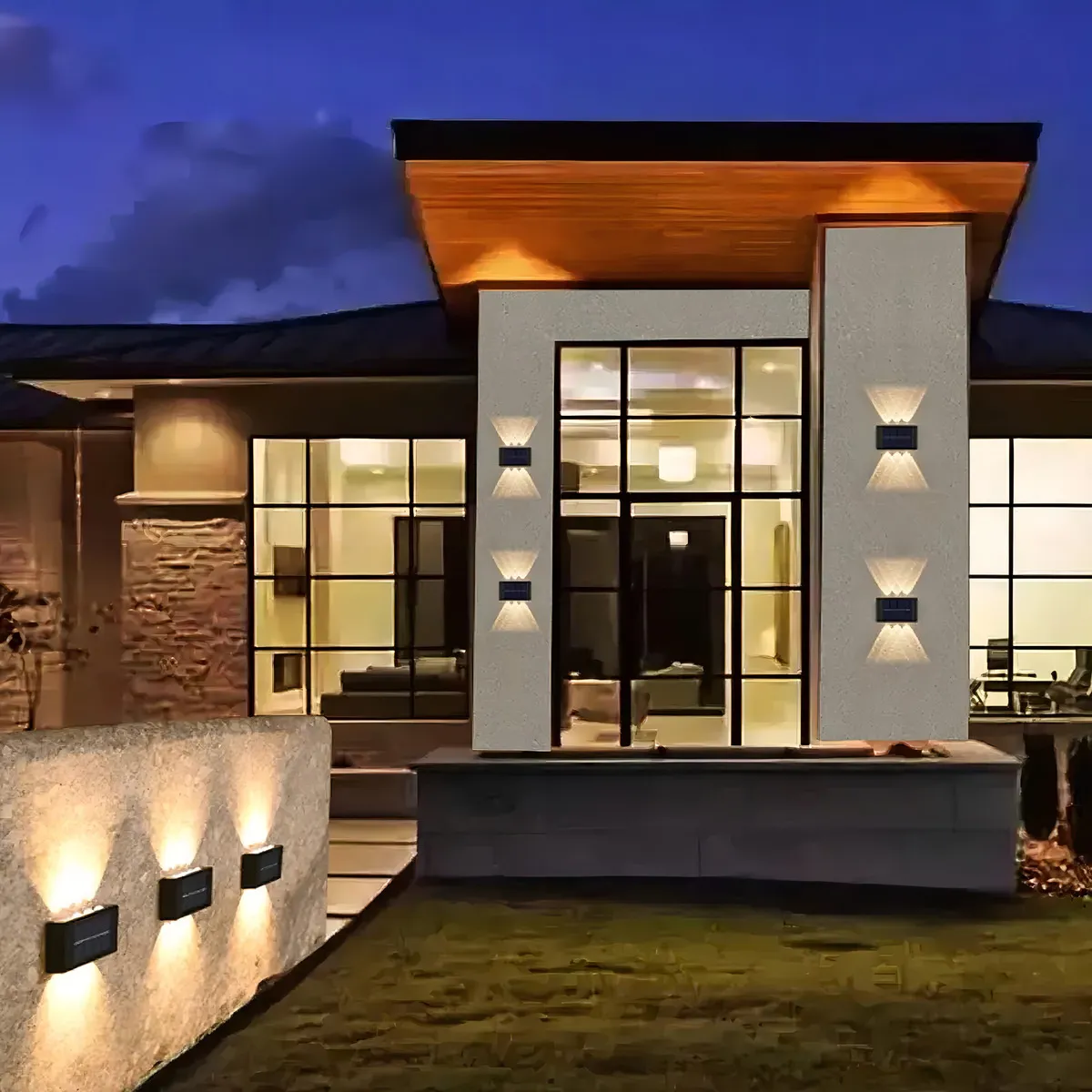 Lampara Solar Led Exterior Muro Doble 6 Luces Calida-5