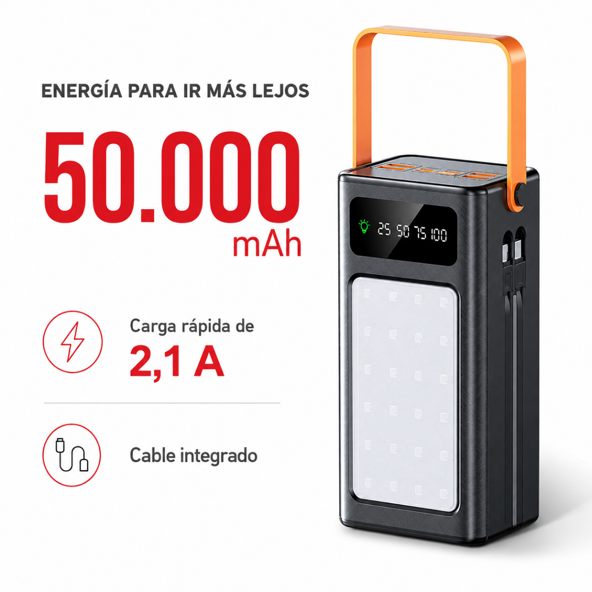 Power Bank Solar 50000mah Carga Portatil Luz Led Y Cables Gm-3
