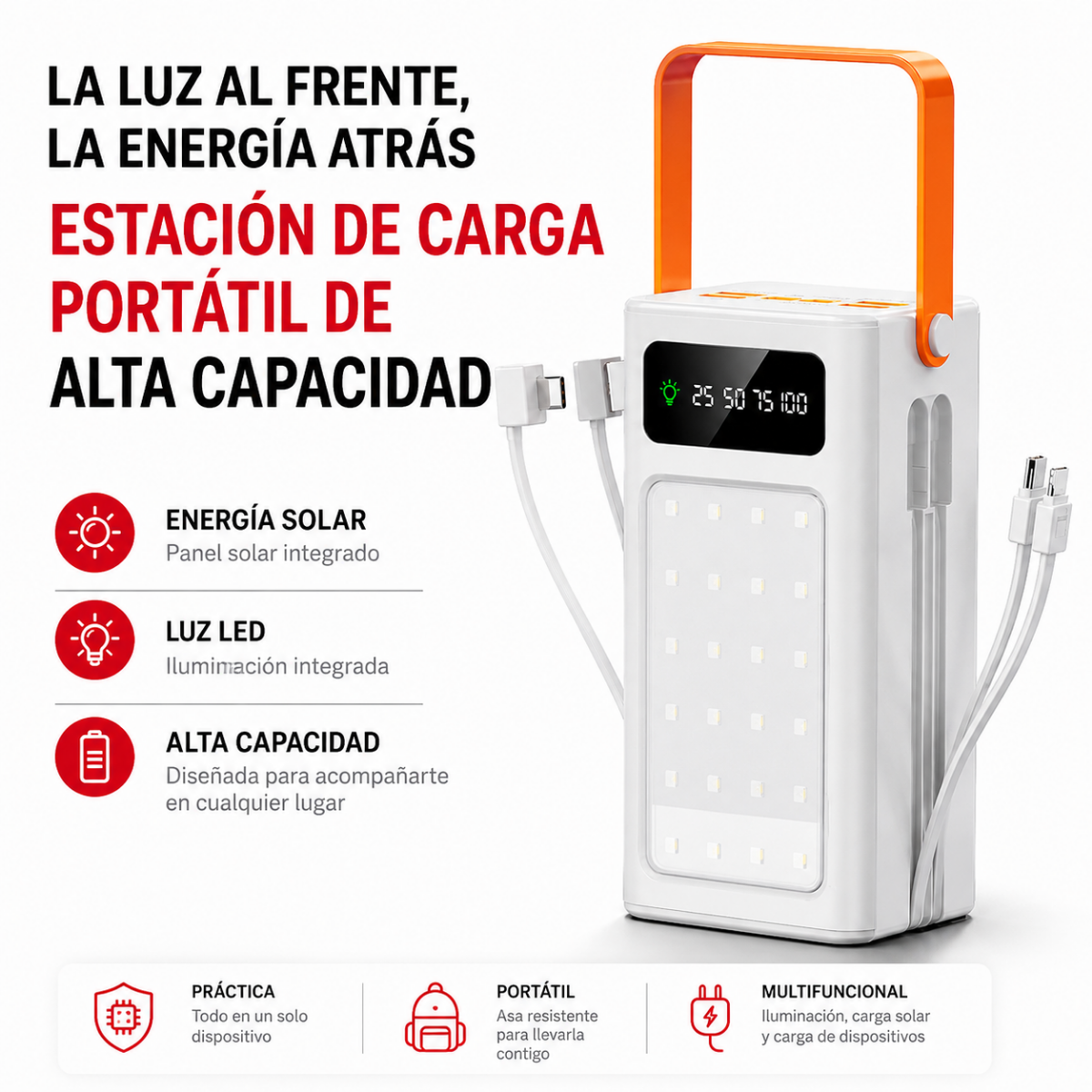 Power Bank Solar 50000mah Carga Portatil Luz Led Y Cables Gm-6