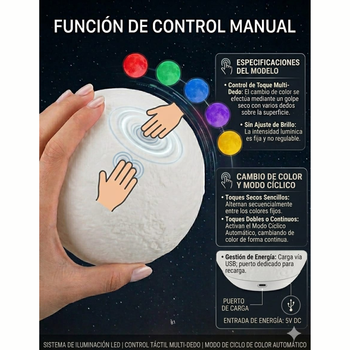 Lámpara Luna Escritorio Velador Recargable Luz Multicolor-7
