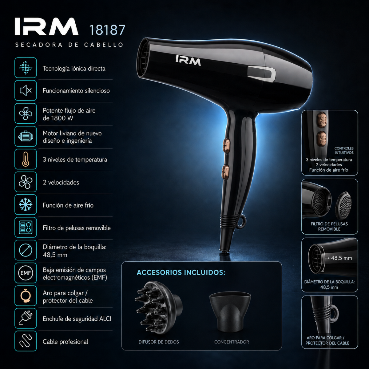 Secador De Cabello Profesional 18187 Con Accesorios 1800w-1