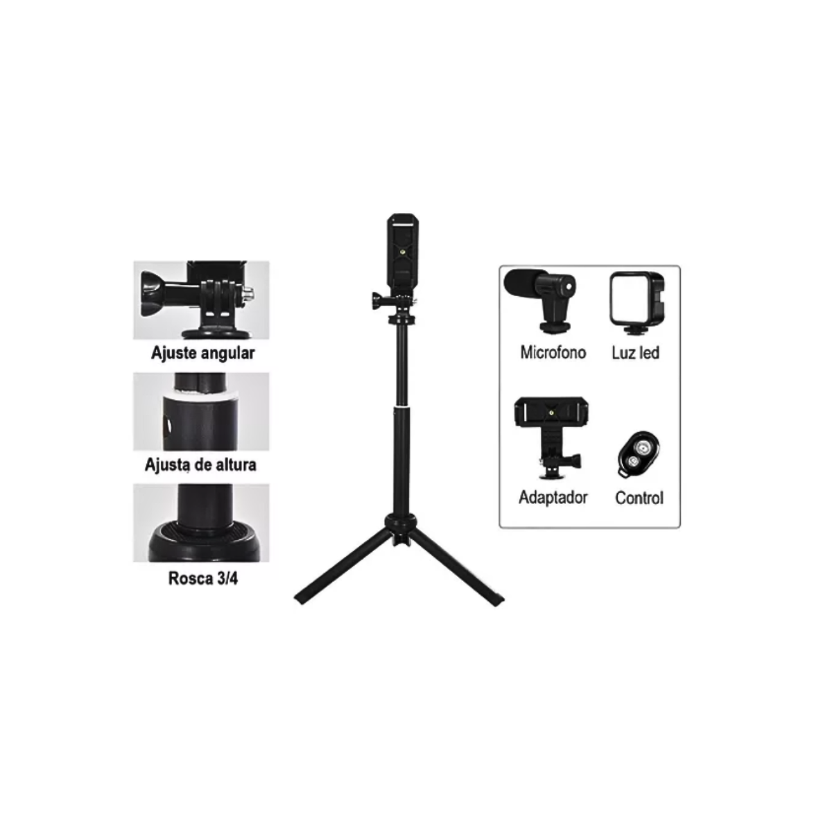 Soporte Celular Videos Palo Selfie Tripode Microfono Luz Led-2