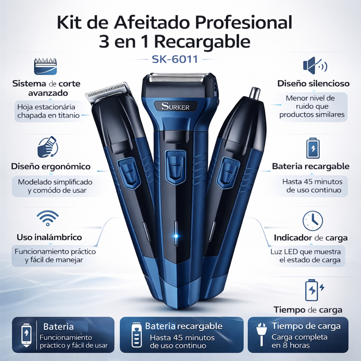 Kit De Afeitado Portatil Hombre Profesional 3 En 1 Recargable Sk 6011-4