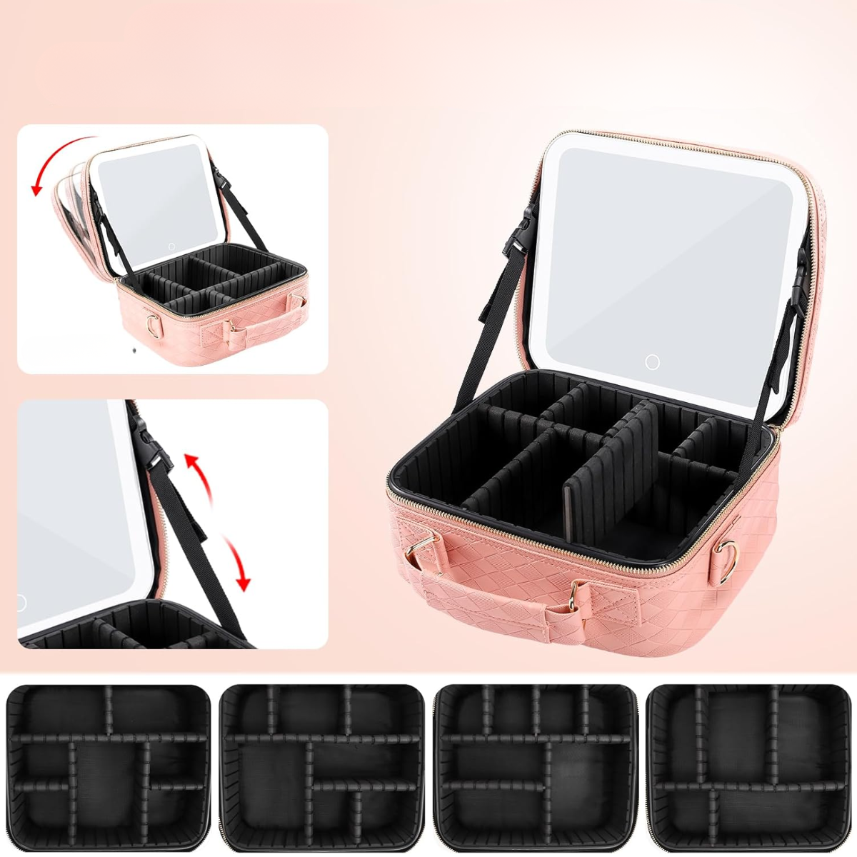 Cosmetiquero Rosa Port til Viajes Con Espejo Aumento Y Luz Led-2