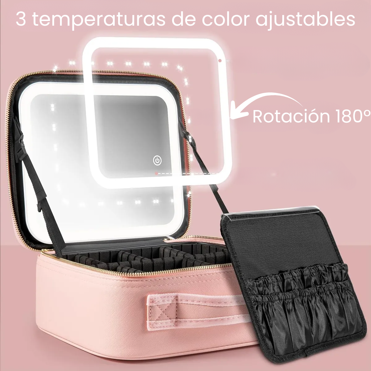 Cosmetiquero Rosa Port til Viajes Con Espejo Aumento Y Luz Led-3