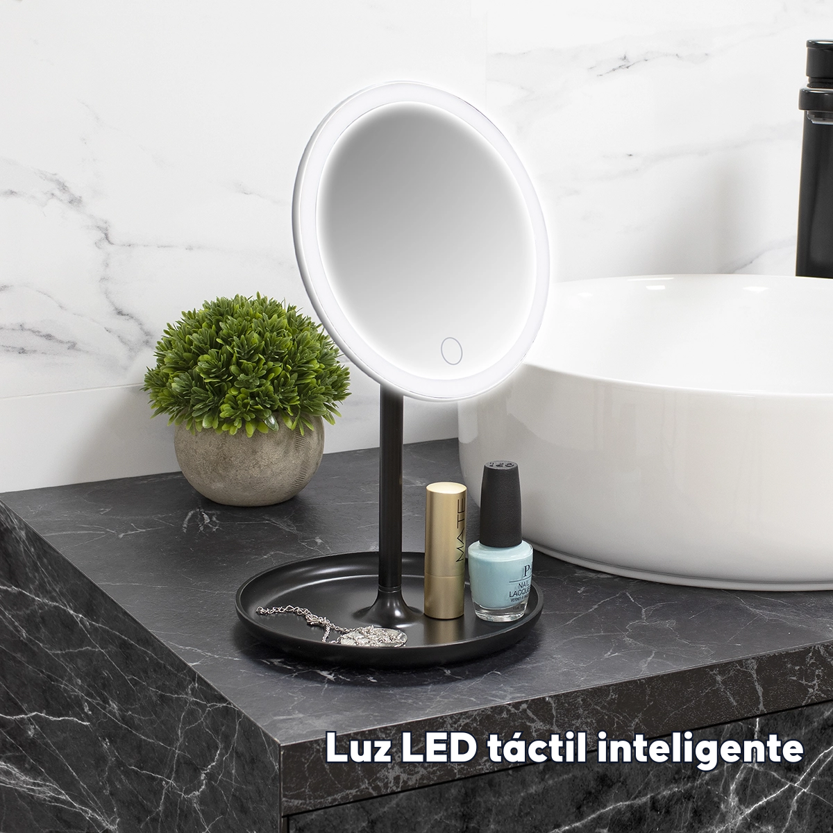 Espejo Maquillaje Circular Luz Led Y Base Organizador Joyas Negro-2