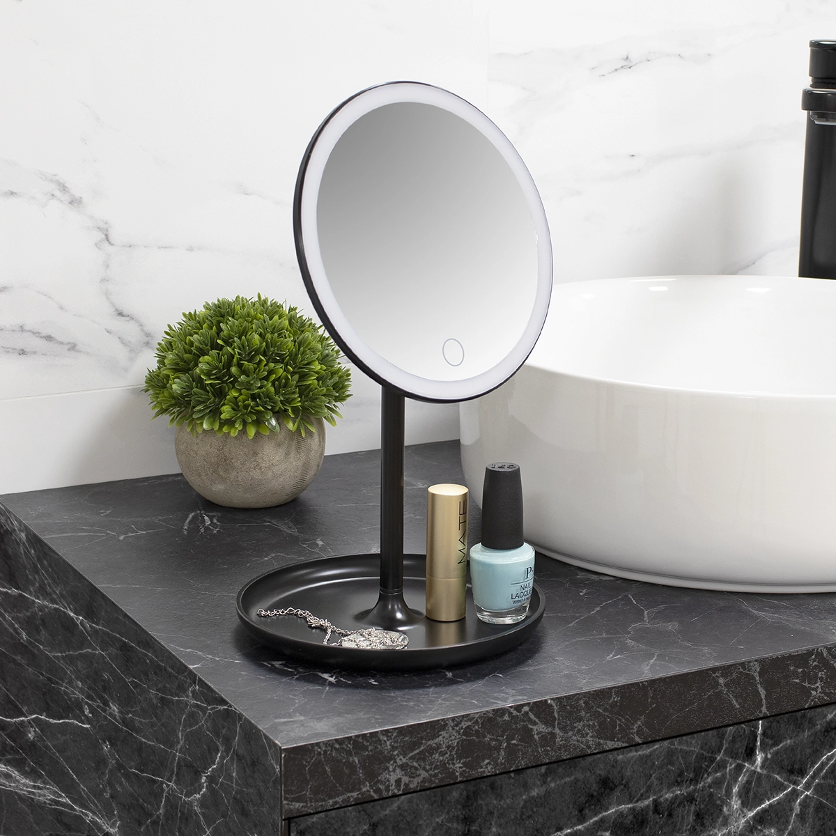 Espejo Maquillaje Circular Luz Led Y Base Organizador Joyas Negro-5