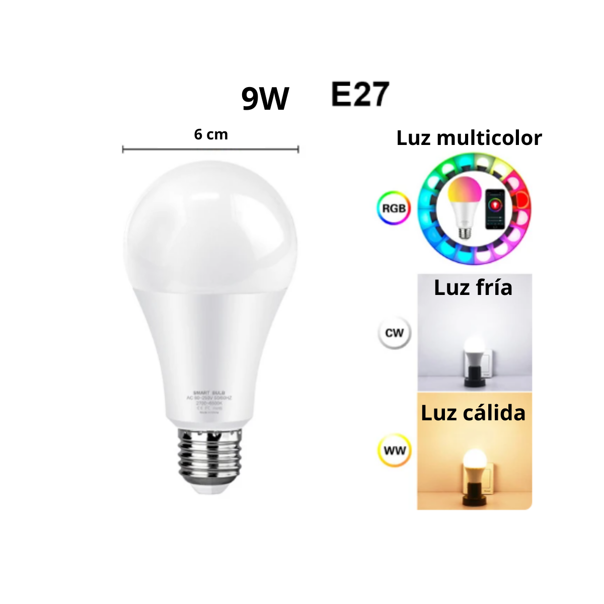 Ampolleta Inteligente Multicolor Led Wifi App 9w E27-4