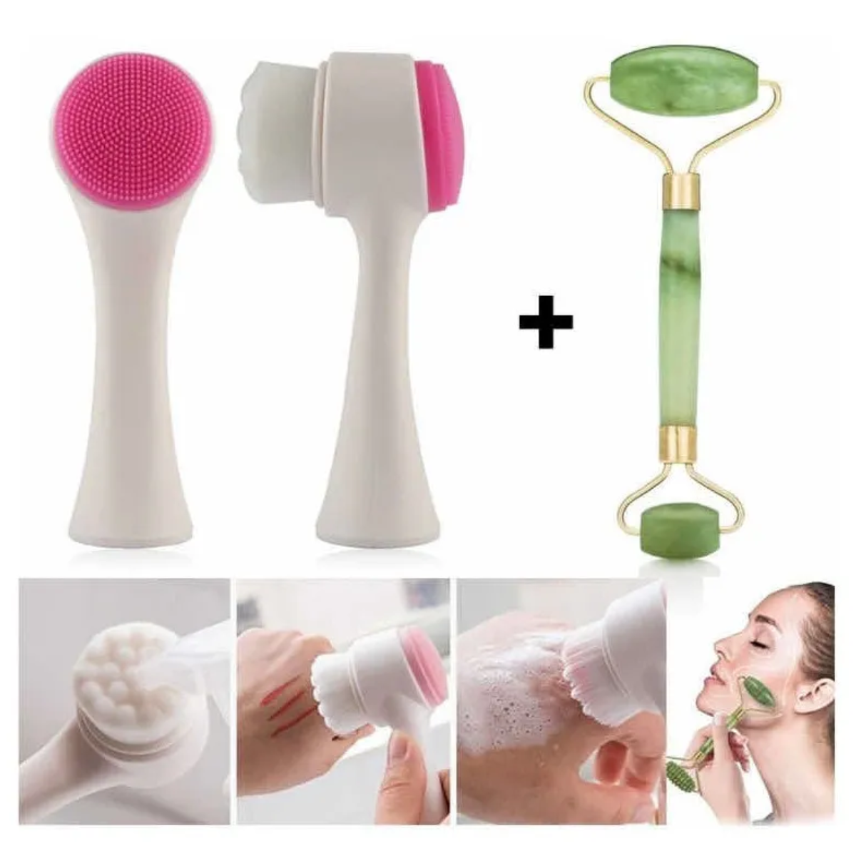 Set Limpieza Facial Cepillo Y Rodillo De Jade Masajeador-3