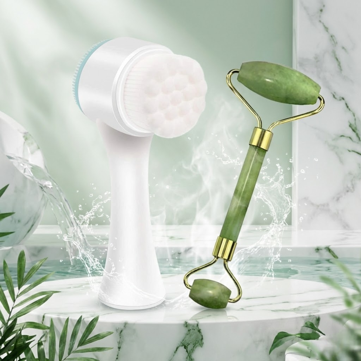 Set Limpieza Facial Cepillo Y Rodillo De Jade Masajeador-5