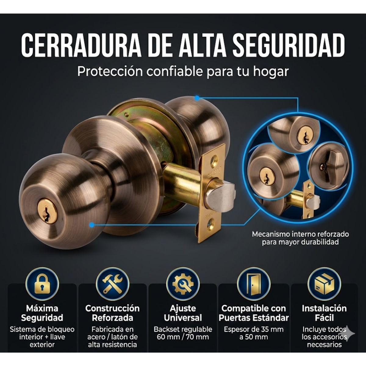 Cerradura Puerta Principal Acero Inoxidable Circular Bronce-2