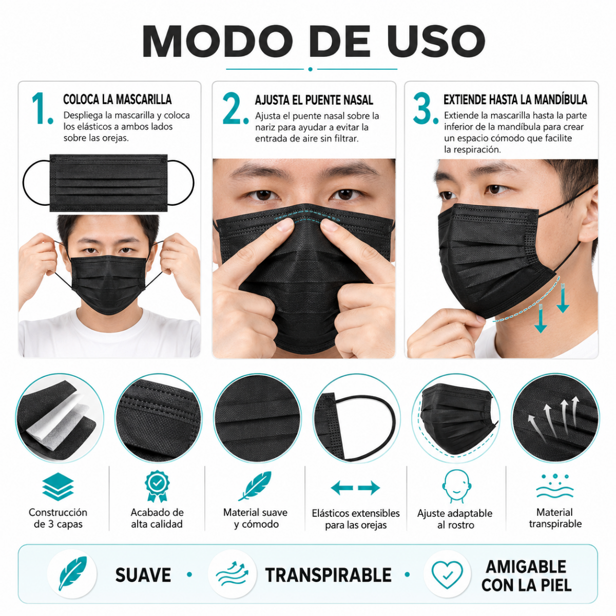 Caja 50 Uds Mascarilla Tapabocas Desechable Negro 3 Capas-5