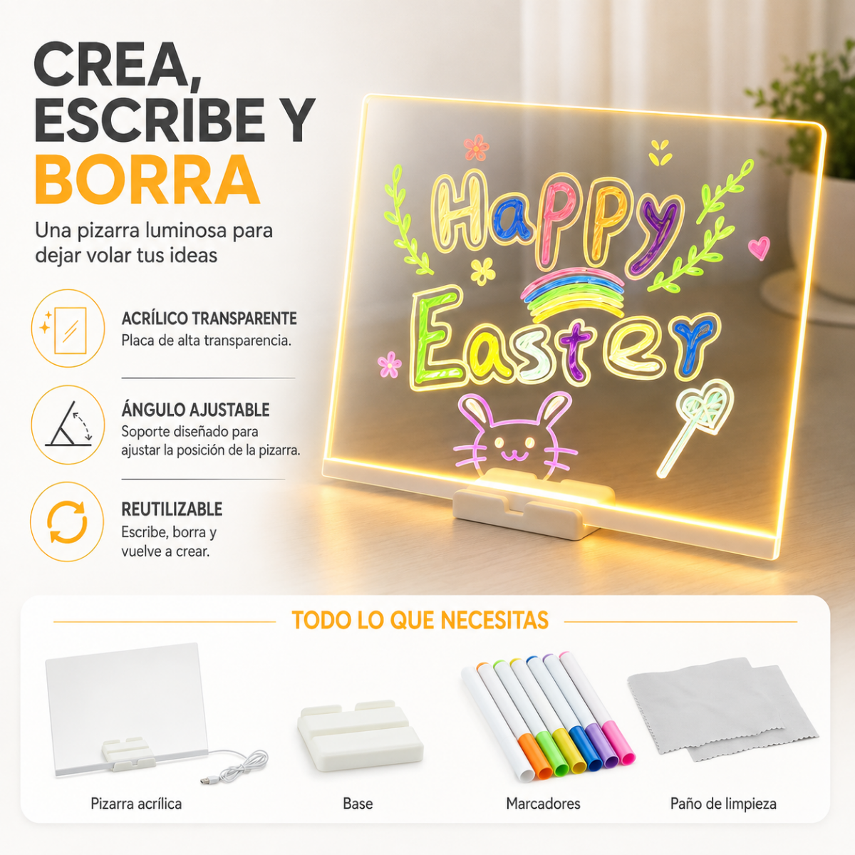 Lampara Pizarra Acrilica Led Tablero Borrable Usb Lapices-1