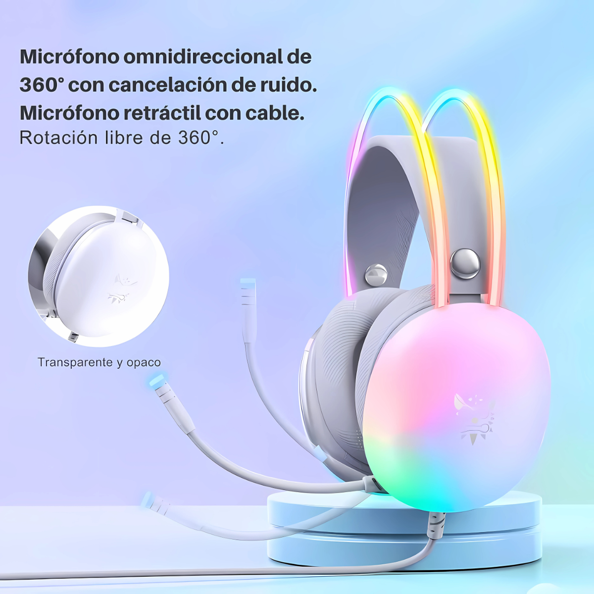 Audífonos De Cable Con Microfono Gamer Luz Rgb Blanco-3