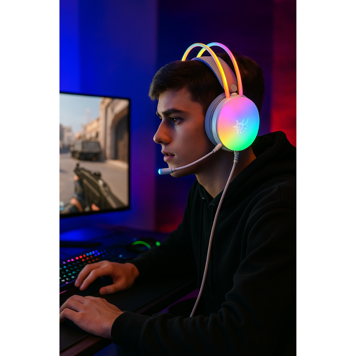 Audífonos De Cable Con Microfono Gamer Luz Rgb Blanco-5