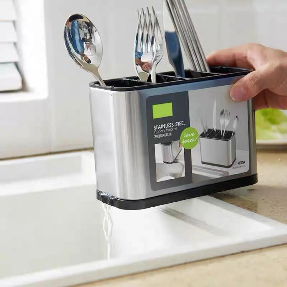 Organizador Escurridor Utensilios Cubiertos Acero Inoxidable-3