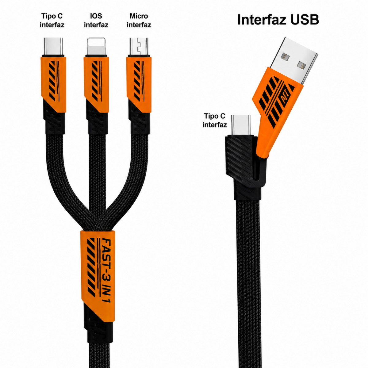 Cable 3 En 1 Carga Rapida Usb c Usb a Lightning Reforzado-1