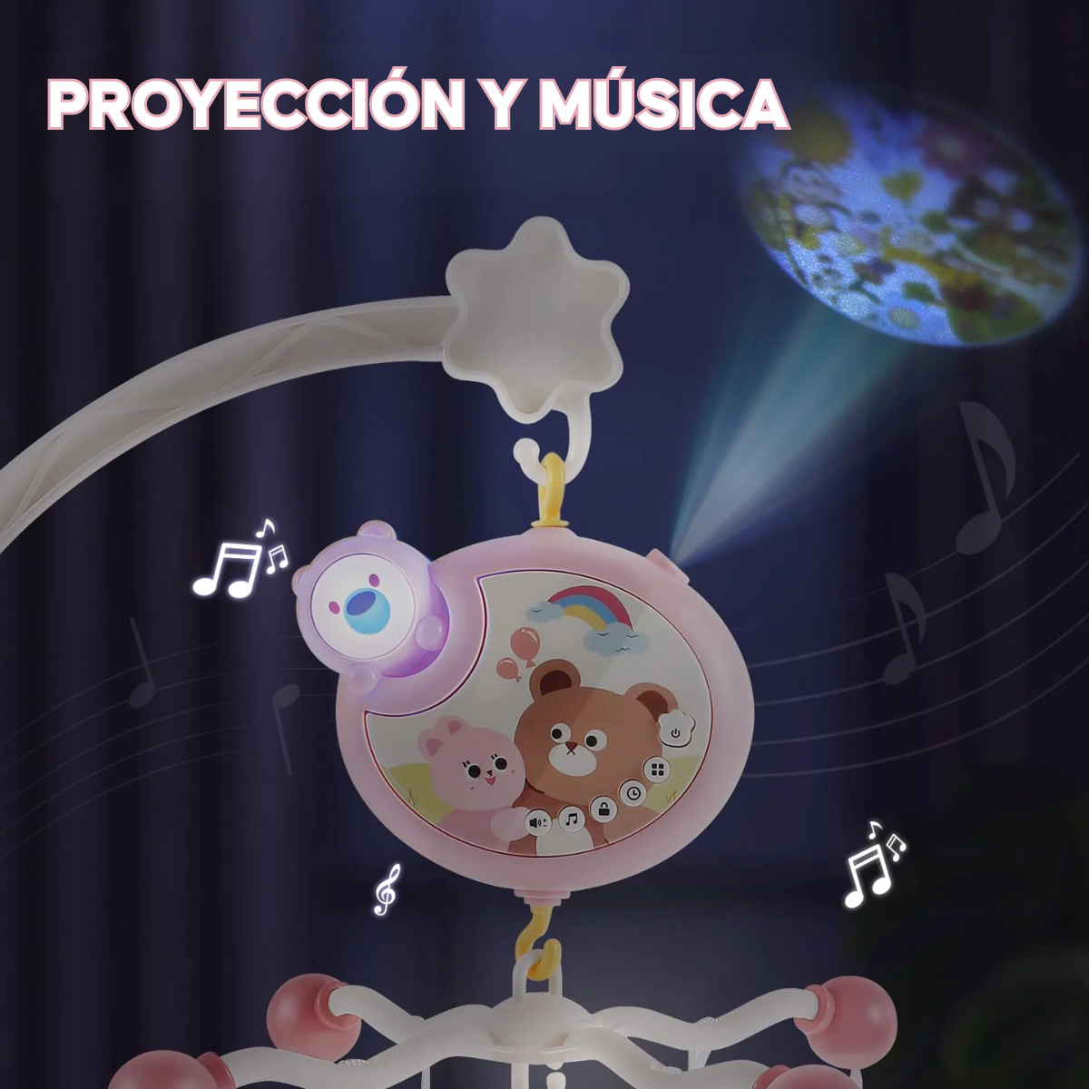 Movil Musical Para Cuna Proyector Luces Y Sonidos Bebe Rosa-4