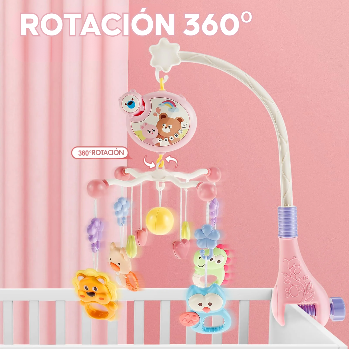 Movil Musical Para Cuna Proyector Luces Y Sonidos Bebe Rosa-5