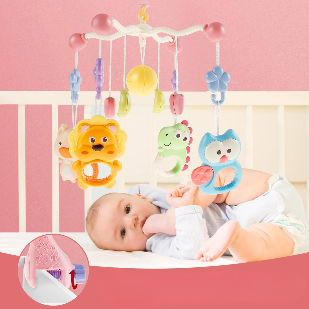 Movil Musical Para Cuna Proyector Luces Y Sonidos Bebe Rosa-6