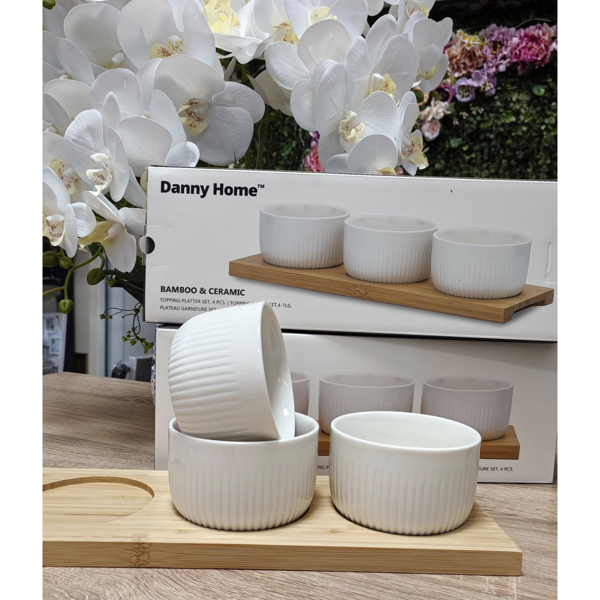 Set Picoteo Tabla + 3 Bowls Pocillos Blancos Para Servir-7