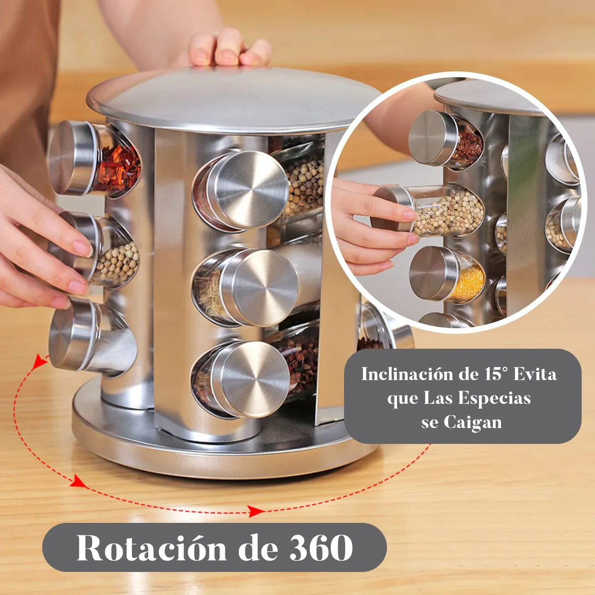 Set Especiero Giratorio Acero Inoxidable 12 Frascos-2