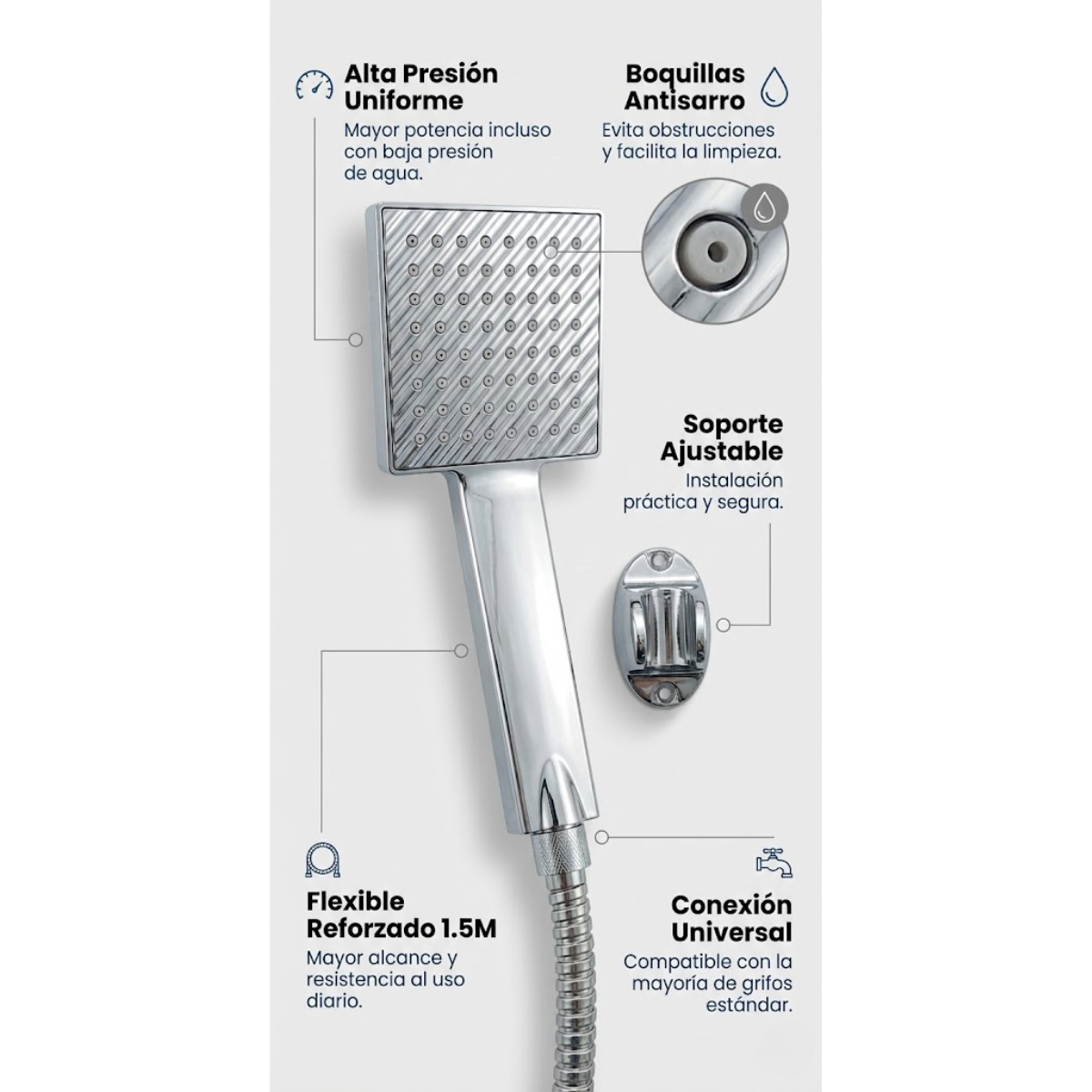Set De Ducha Cabezal Cuadrado Con Flexible 1 5 M Y Soporte-2