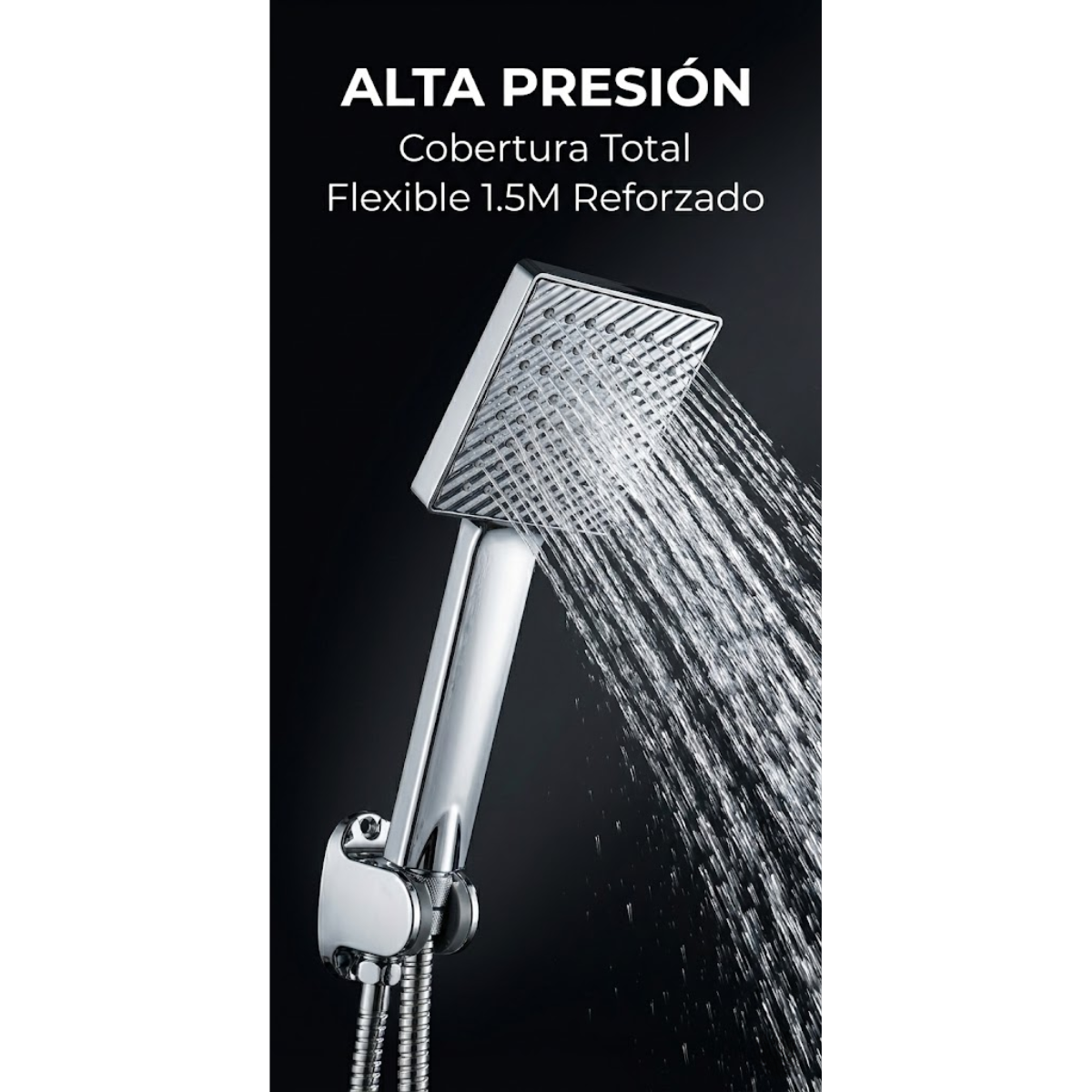 Set De Ducha Cabezal Cuadrado Con Flexible 1 5 M Y Soporte-3
