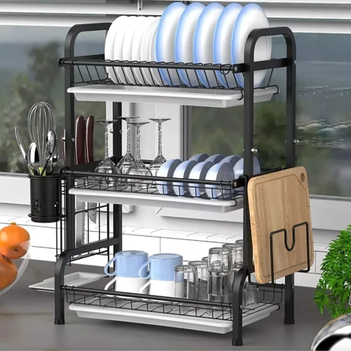 Secaplatos Escurridor De Loza 3 Niveles Negro Con Bandeja-6