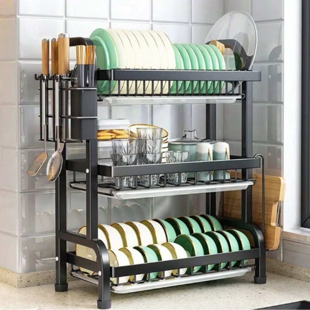 Secaplatos Escurridor De Loza 3 Niveles Negro Con Bandeja-7