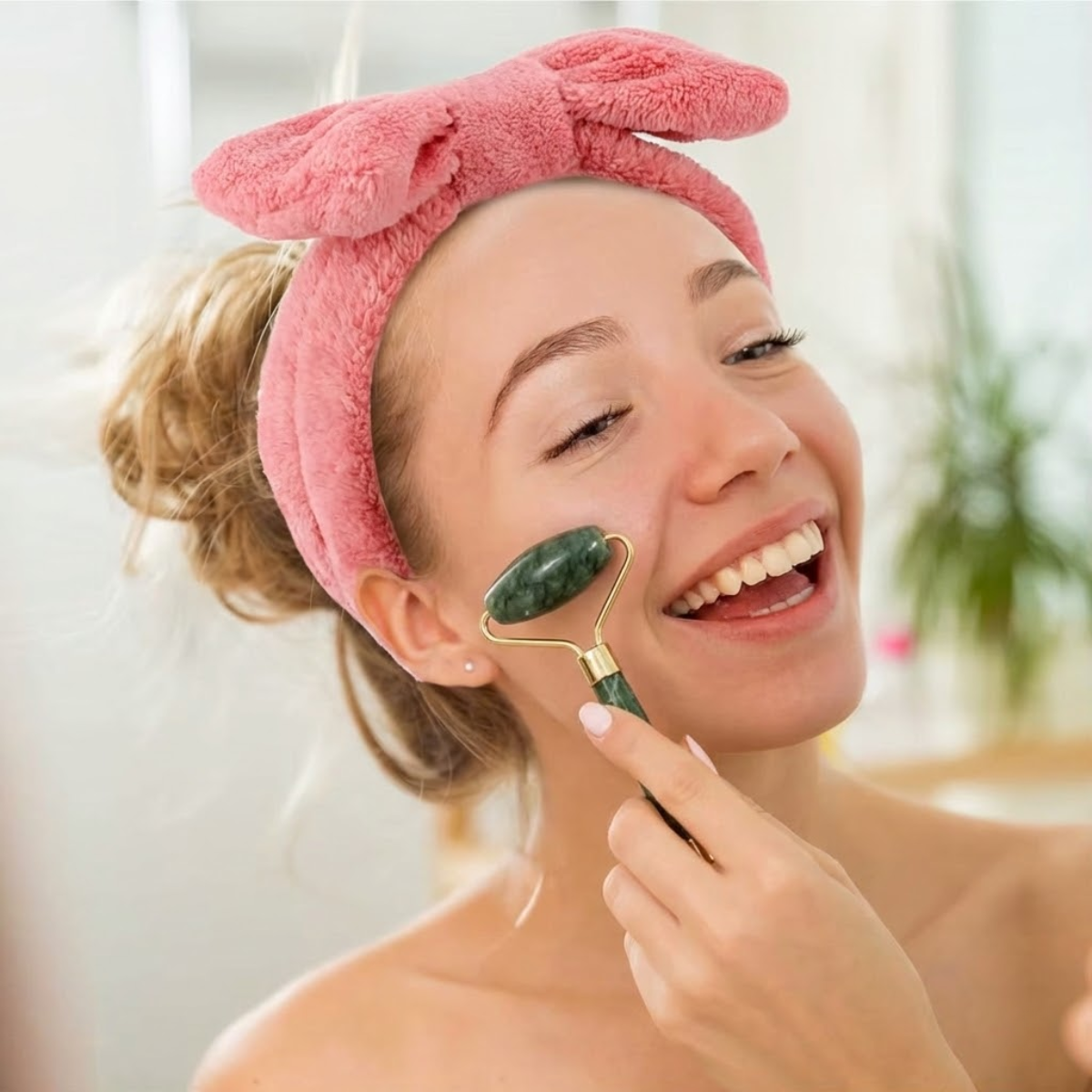 Set Rodillo Facial De Jade Con Cintillo Skincare-6