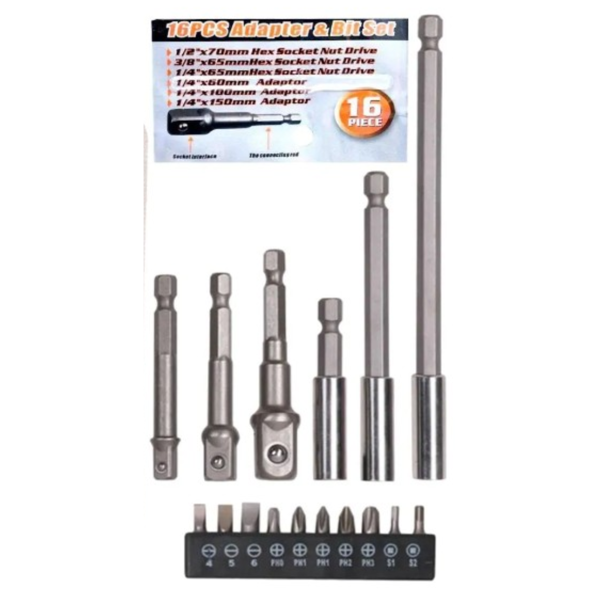Set 16 Puntas Adaptadores Y Destornillador 1 4 1 2 3 8-4