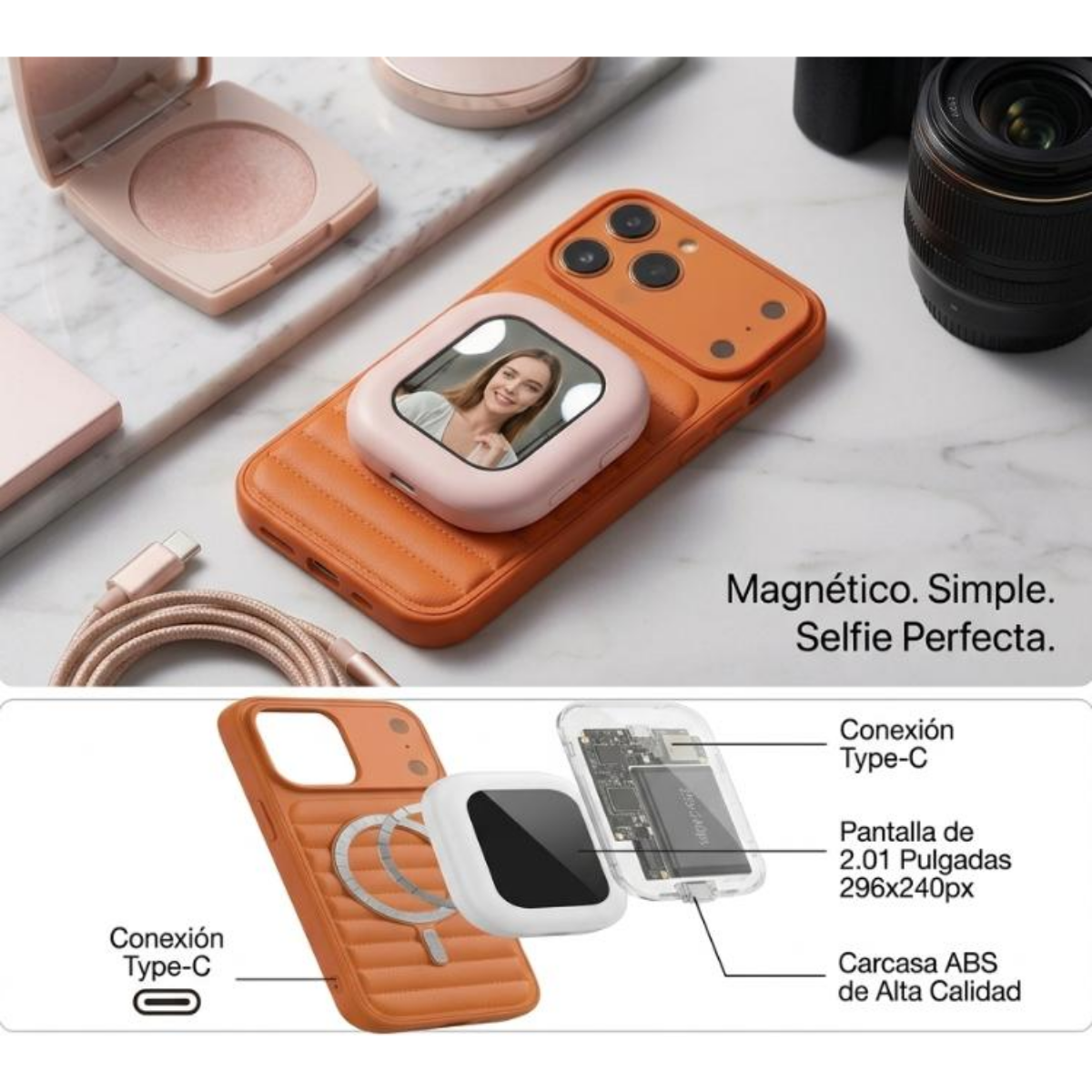 Mini Espejo Pantalla Selfie Magnetica Luz Led Celular Usb c-3