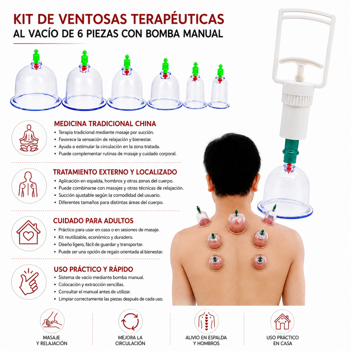 Kit Ventosas Terapeutica Al Vacio 6 Pzs Masaje Chino Jeringa-3