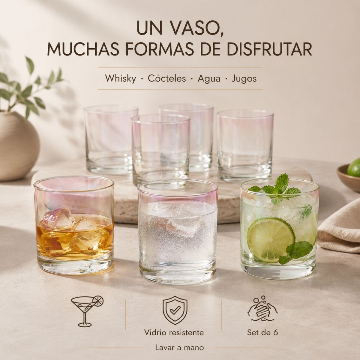 Pack 6 Vasos Whisky Tragos Cortos Vidrio Tornasol 280ml-2