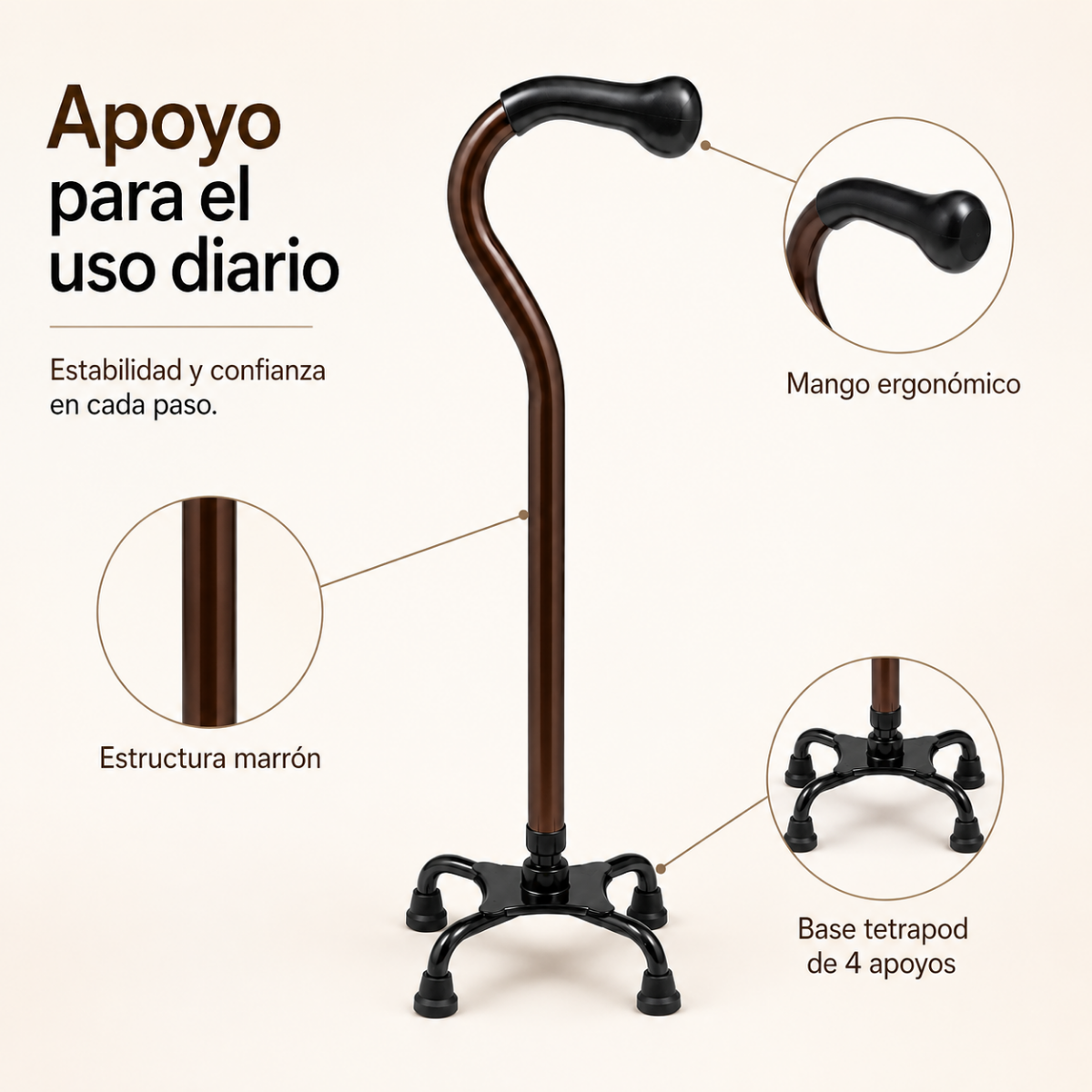 Baston Ortopedico De 4 Apoyos Base Tetrapod Marron-4