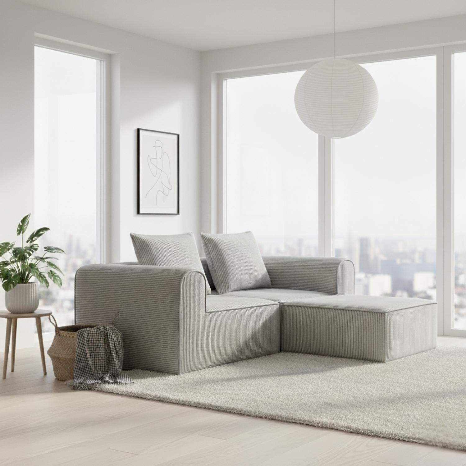 Sofa Loop 2 Cuerpos + Pouf | Espuma comprimida | 194X57X167 Gris claro G134-0