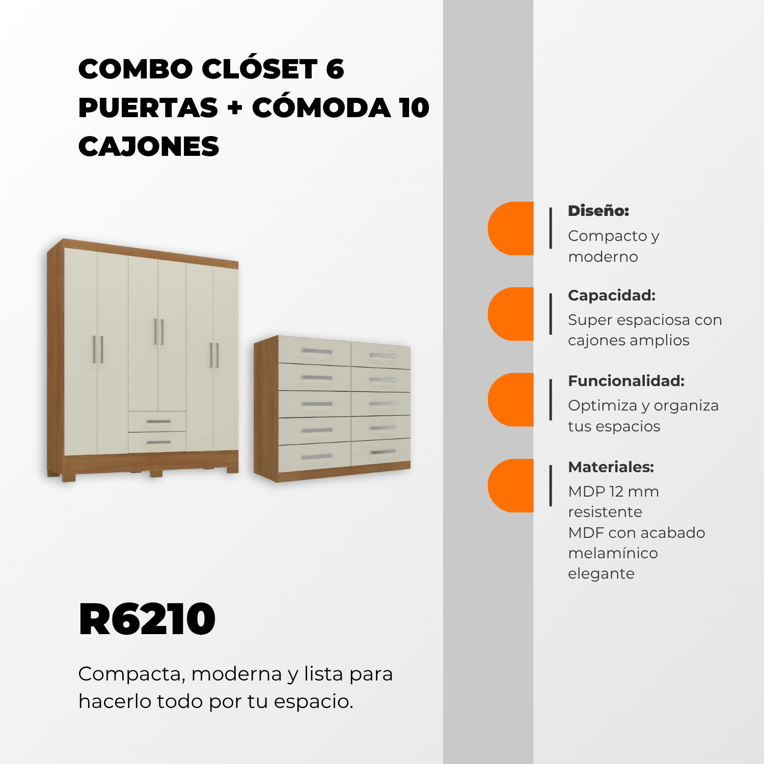 Combo Clóset 6 Puertas + Cómoda 10 Cajones Off White R6210-3